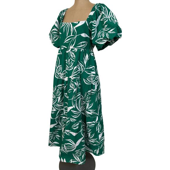 Meadow Rhodes Midi Dress Green & White Cotton Leaf Print A-line Puff Sleeve Med - Picture 7 of 9
